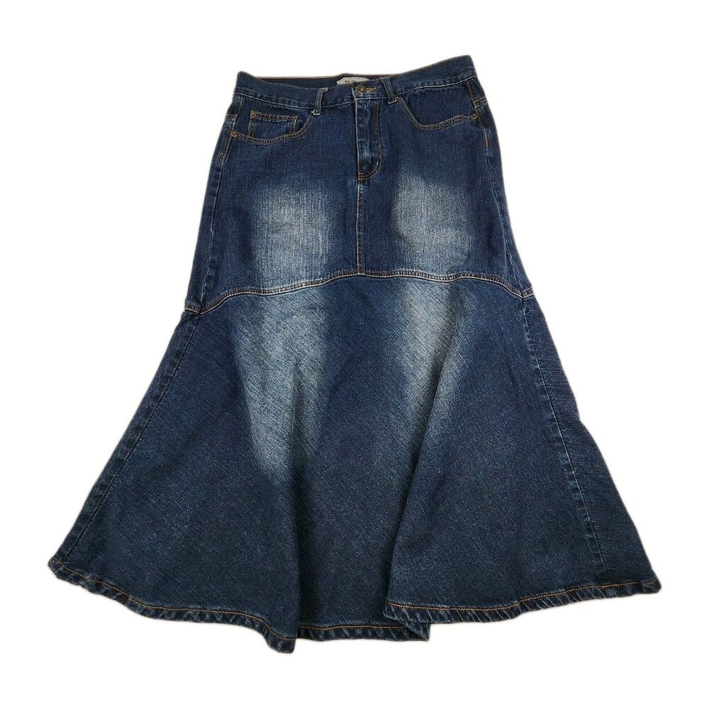 NoFuze Demin Midi Skirt Mermaid Womens 14 Fading Embroidered Vintage Y2K Flare